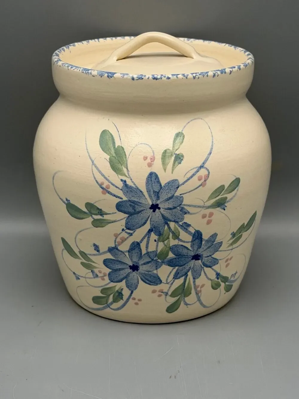 Marshall Pottery Texas Blue Floral Stoneware Lidded Crock Canister 8